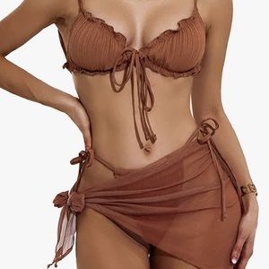 Lilosy Brown Rust Bandeau High Cut String Sarong Bikini Set